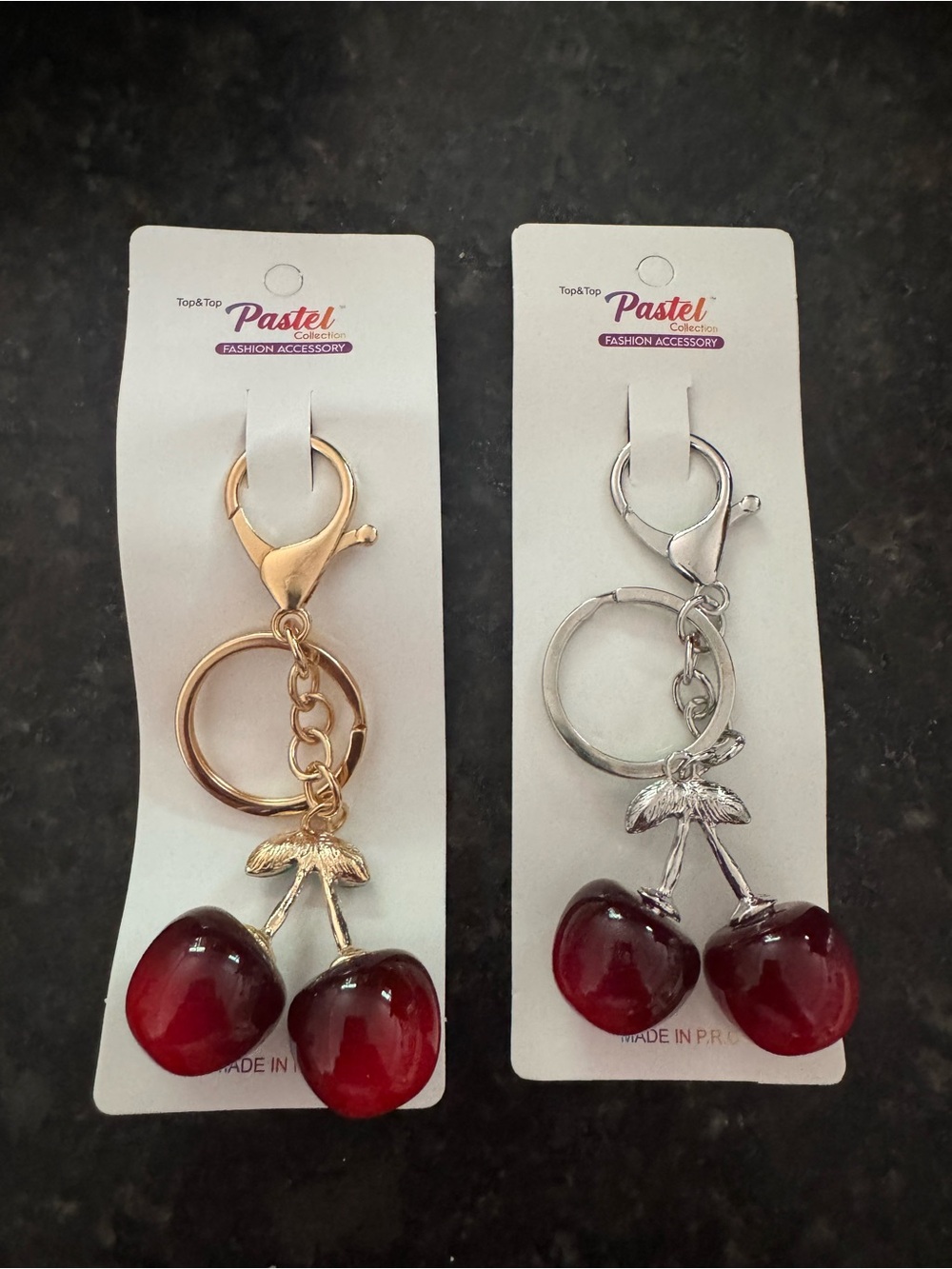 Pastel Fashion Accessory Cherry Keychain - Gold & Silver with Red Cherries